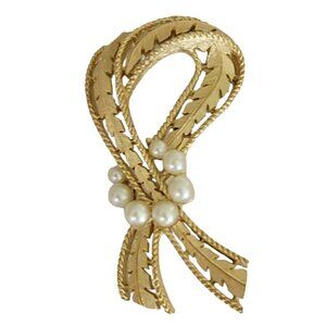Trifari Crown Over T Gold Tone Faux Pearl Ribbon Leaf Design Brooch, Signed K48